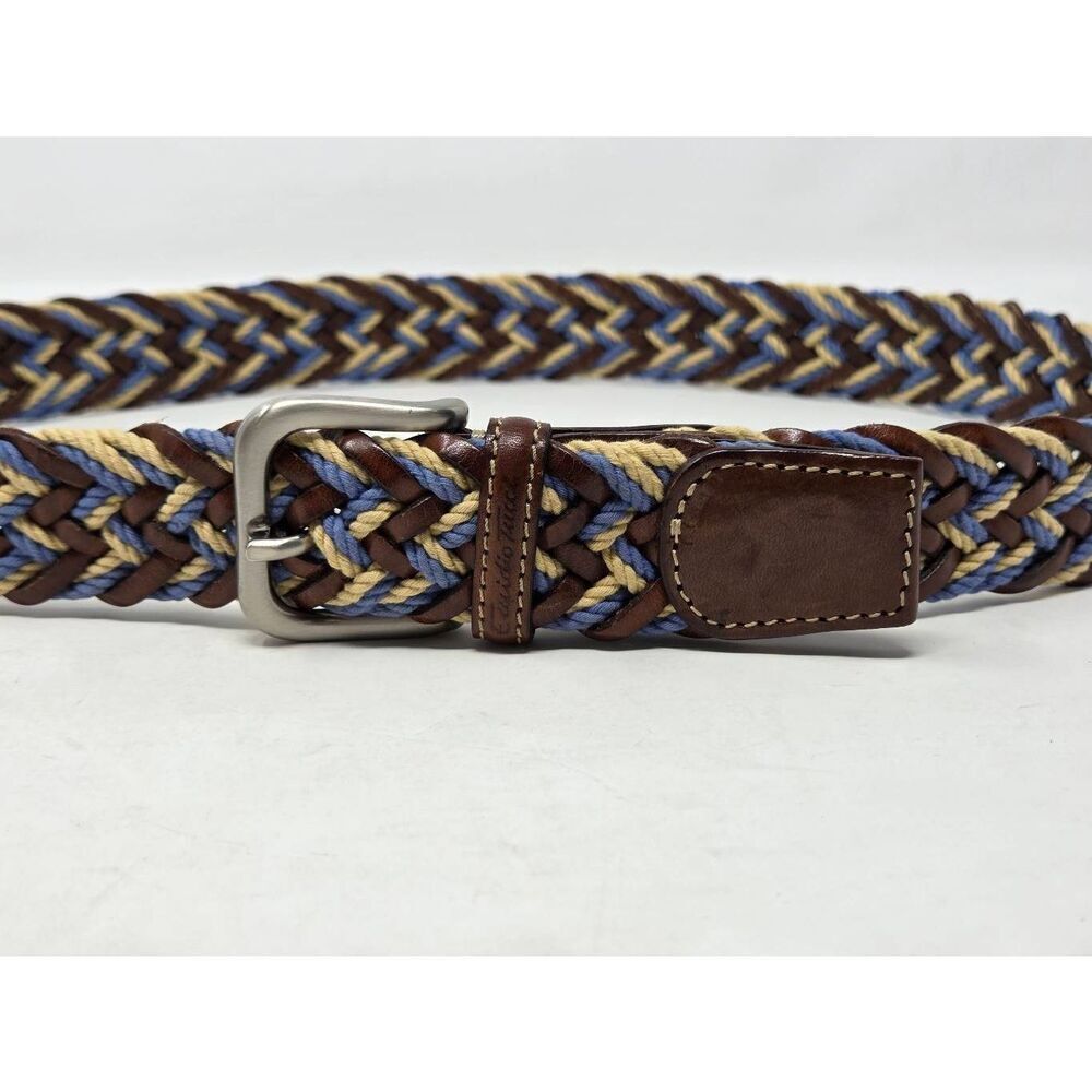 EMIDIO TUCCI LEATHER BROWN BLUE CREAM STRETCH WOVEN SILVER MENS BELT 40"